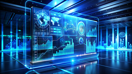 Sleek Futuristic Transparent Digital Sales Dashboard with Holographic Interface and Real-Time Data