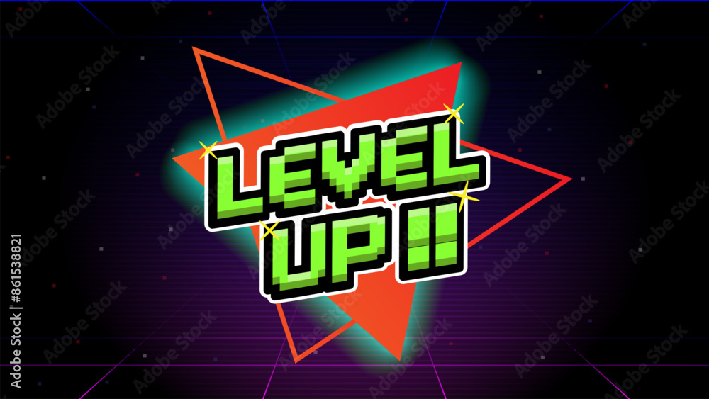 Poster level up !! text with gold coin on blue background.pixel art .8 bit game.retro game. for game assets