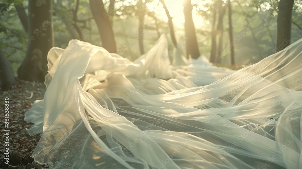 Poster an assortment of chiffon and tulle fabrics gently sway in harmony with the rustling leaves in the na