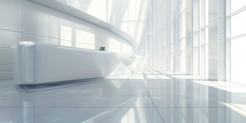 Obraz premium Reception desk and corridor hall in empty modern office or hotel. Business corporate background for branding, web and presentation