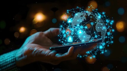 Generative AI of Man Holding Phone with Global Network Concept for Worldwide Connectivity, Modern Technology, and Digital Business