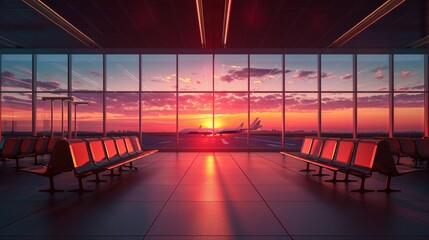 An empty airport terminal with rows of red chairs overlooks a stunning, serene sunset through large glass windows, with airplanes on the tarmac creating a tranquil travel atmosphere.