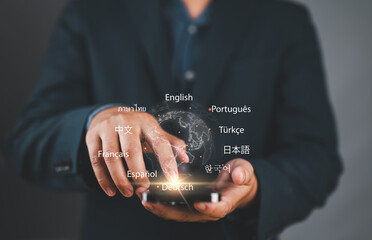 Translator app, language course and e-learning concept. Person use smartphone with Translator app,...
