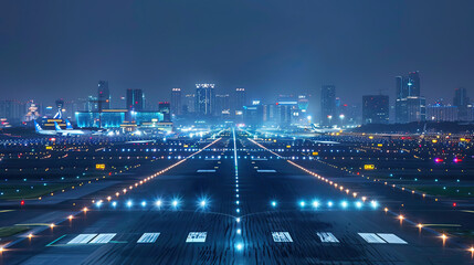 Nighttime View of International Airport Runway with City Skyline