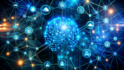 Obraz premium Futuristic AI Concept with Algorithmic Patterns and Metallic Accents in Teal and Blue Tones