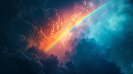 Fototapeta premium Vibrant Rainbow Over Dramatic Stormy Clouds at Sunset: A Captivating Sky Scene