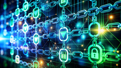 Abstract Blockchain Technology Concept with Digital Chains and Encrypted Blocks in Futuristic Blues, Greens, and Silver