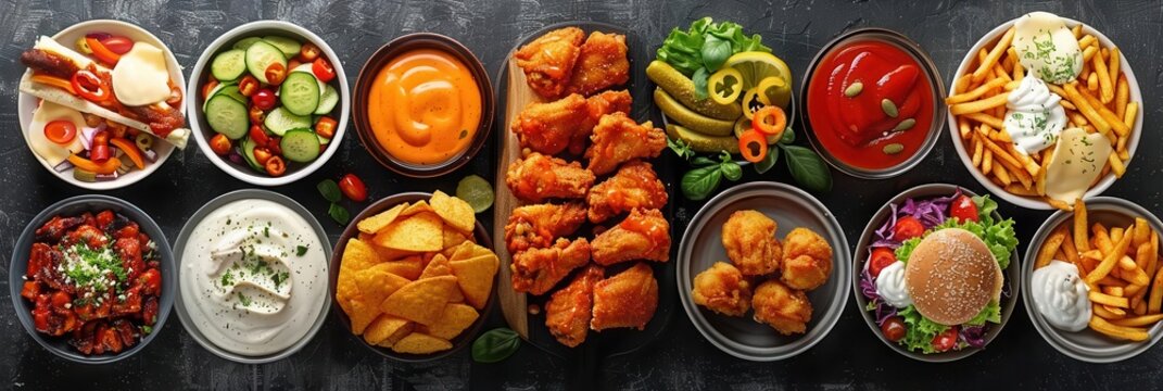 The fast food spread includes a variety of options to cater to different tastes and preferences, from spicy buffalo wings to creamy milkshakes, offering something for everyone