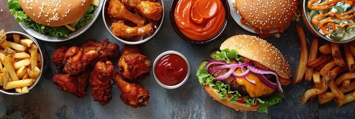 The fast food spread includes a variety of options to cater to different tastes and preferences, from spicy buffalo wings to creamy milkshakes, offering something for everyone