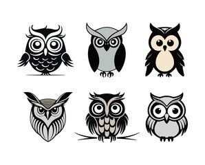 A set of silhouette illustrations of cute owls, nocturnal bird silhouettes facing forward