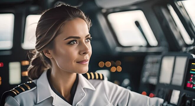Female ship captain with white suit.