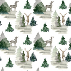 Naklejka premium Watercolor seamless pattern with pine trees for fabric, wrapping paper, etc.
