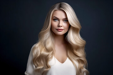 Fototapeta premium Blonde woman with long wavy hair wearing a white top. Studio portrait photography for beauty and fashion concept