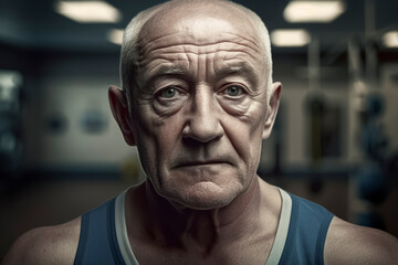 Fototapeta premium Older man with short hair wearing a blue tank top. senior fitness and lifestyle concept