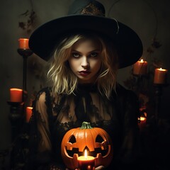 Fototapeta premium Mysterious witch with blonde hair holding a carved pumpkin in a dimly lit Halloween setting with candles.