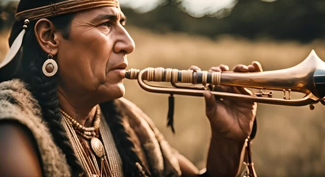 Native American man with an instrument.