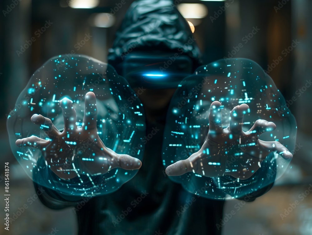Poster hacker manipulating digital constructs in virtual reality environment