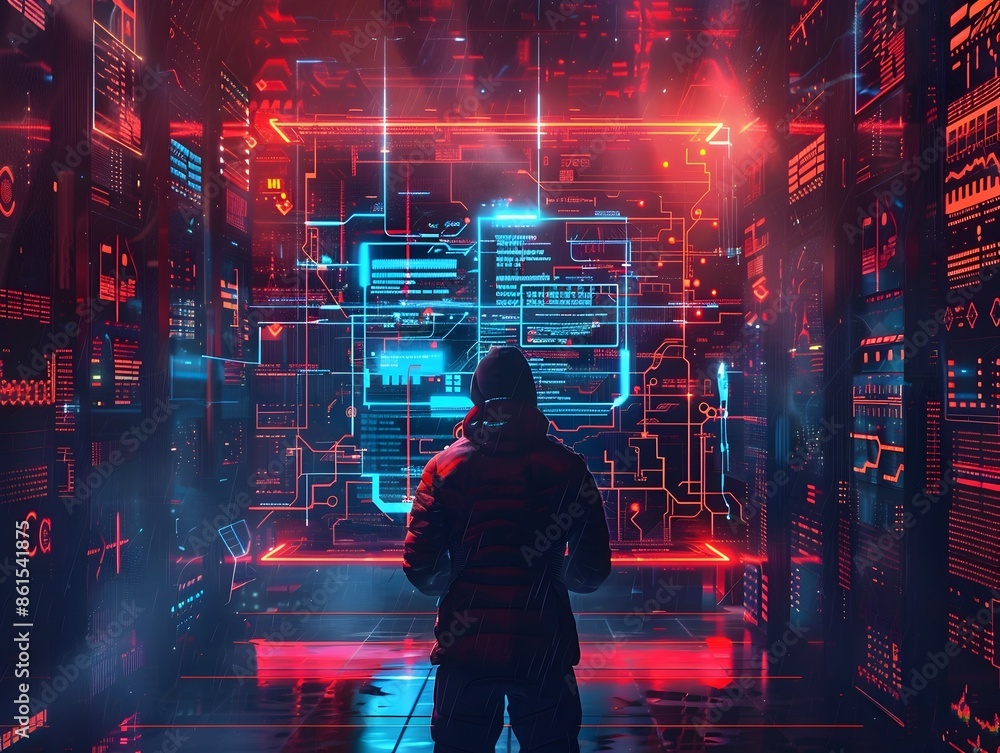 Poster hacker breaking into government database surrounded by virtual defenses and firewalls