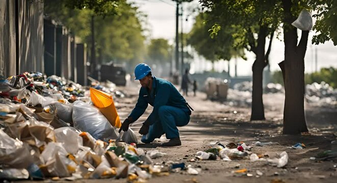 Cleaning worker collecting city garbage.