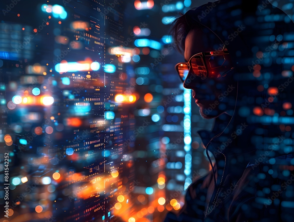 Poster hacker manipulating virtual screens in a futuristic urban setting with city lights in the background