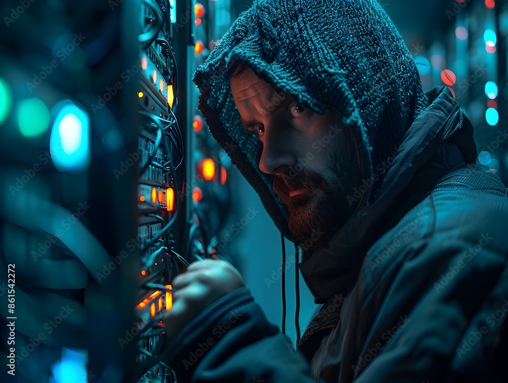 Aufkleber hacker infiltrating corporate server room with glowing wires and servers in moody lighting