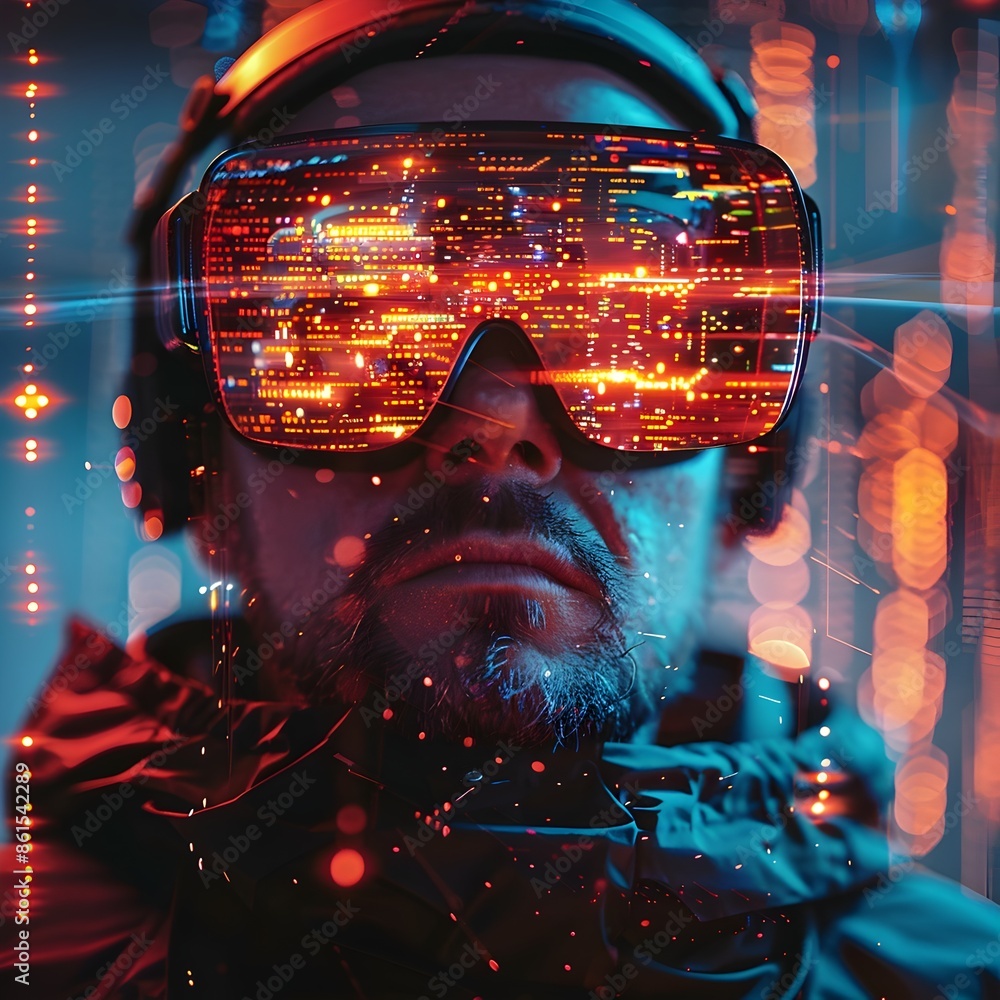 Aufkleber hacker immersed in vibrant virtual reality hacking environment with glowing code