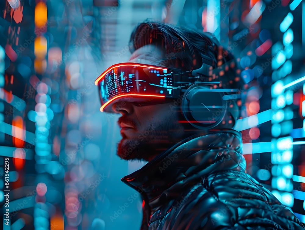 Poster hacker immersed in futuristic augmented reality digital interface