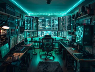 Futuristic Hacker s Workspace Bathed in Neon Blue and Green Tones