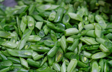 Close-up of chopped organic green beans.