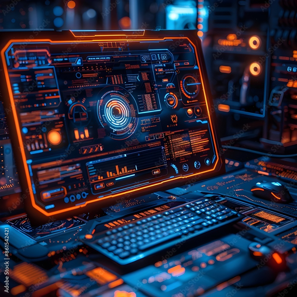 Poster futuristic hacker workspace with holographic digital interface for manipulating information