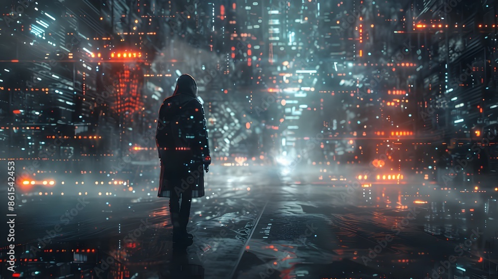 Poster hacker in sci fi cityscape utilizing neural interface to hack robotic system