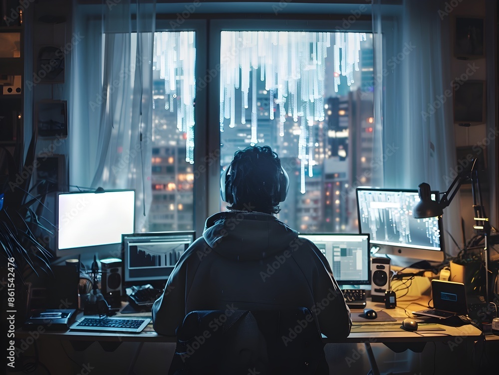 Poster hacker working in minimalist high tech apartment with sleek devices and screens