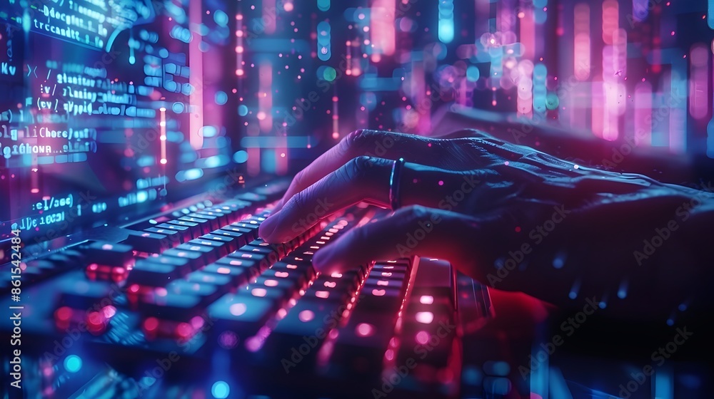 Poster hacker s hands typing rapidly on glowing keyboard with streaming code across monitors