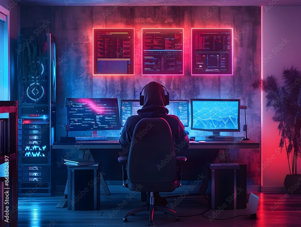 Poster hacker working in a futuristic minimalist apartment with sleek high tech devices and screens