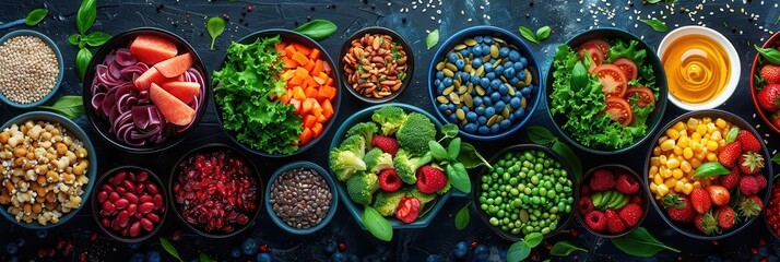 The image showcases an array of healthy foods, including colorful salads, fresh fruits, lean proteins, and whole grains, all arranged in an enticing and nutritious display
