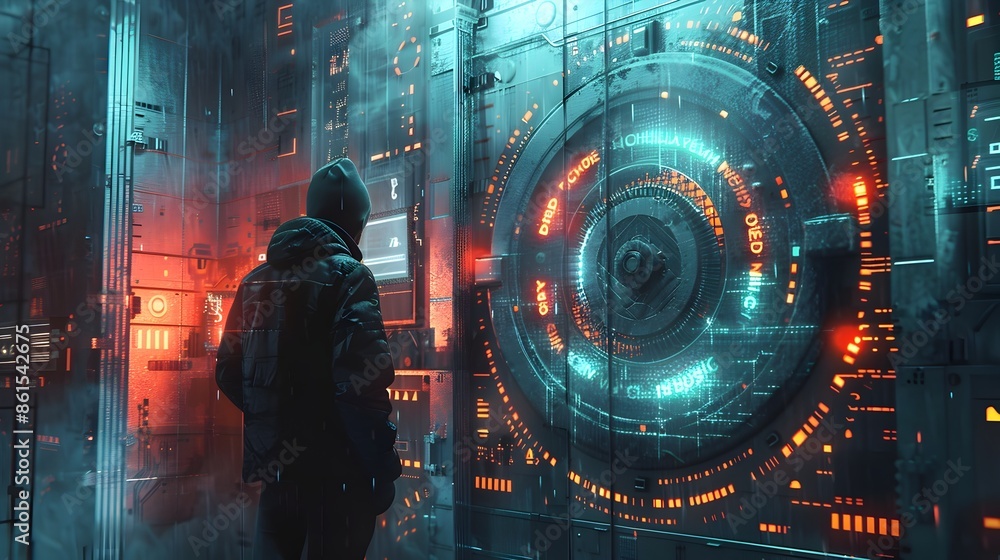Aufkleber hacker breaking into virtual bank vault surrounded by glowing digital safes and codes