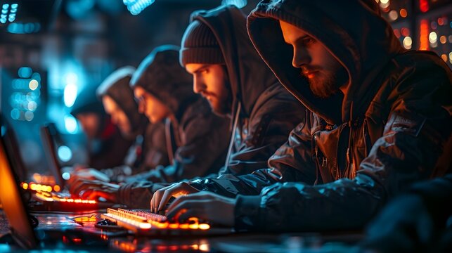 Hacker Team Collaborating in Secretive High Tech Environment Focused on Various Cybersecurity Tasks