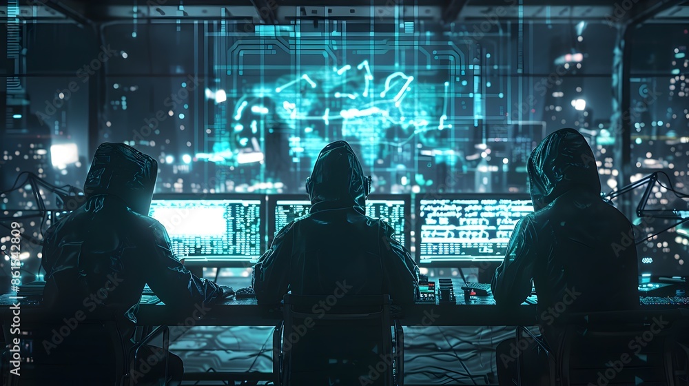 Poster hacker team planning cyber heist with digital blueprints and holographic displays