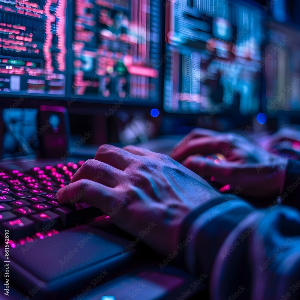 Poster hacker s hands rapidly typing on mechanical keyboard with screens displaying security breaches