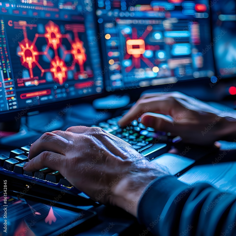 Poster hacker s hands rapidly typing on mechanical keyboard security breach screens