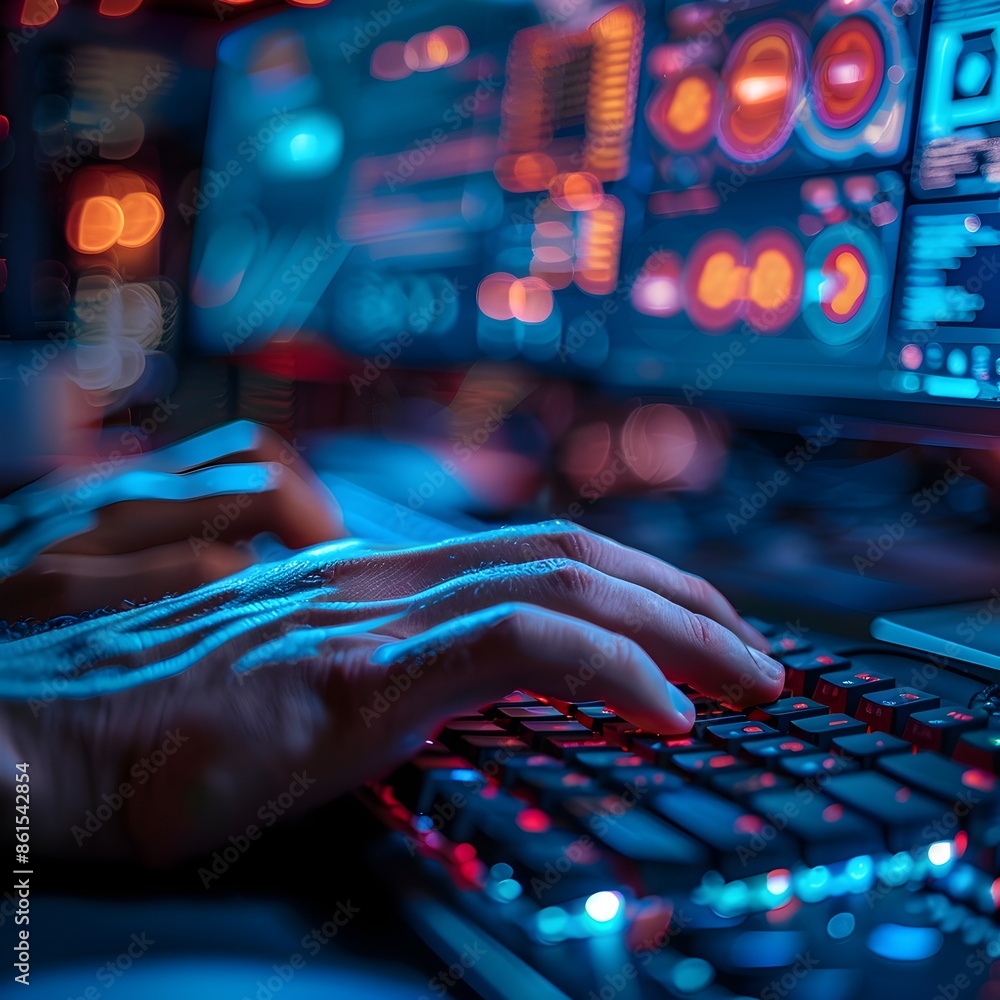 Poster hacker s hands rapidly typing on mechanical keyboard with security breach screens