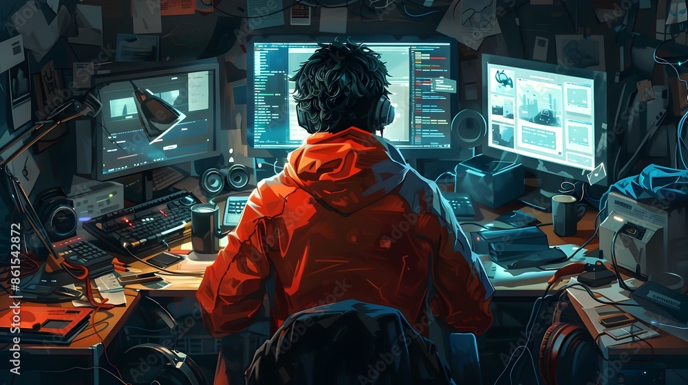 Poster hacker accessing top secret files from sleek modern workstation with high tech gadgets