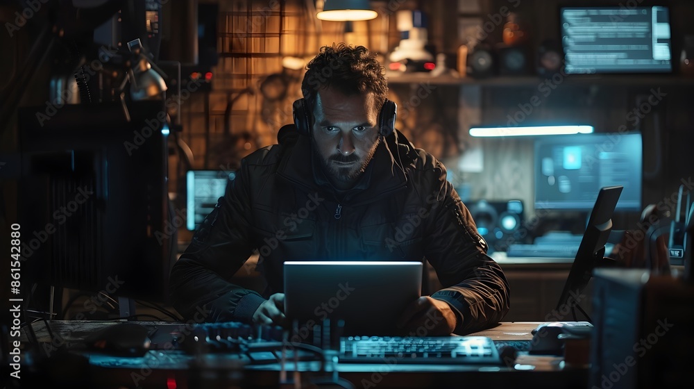 Poster hacker accessing top secret files from a sleek modern workstation surrounded by high tech gadgets