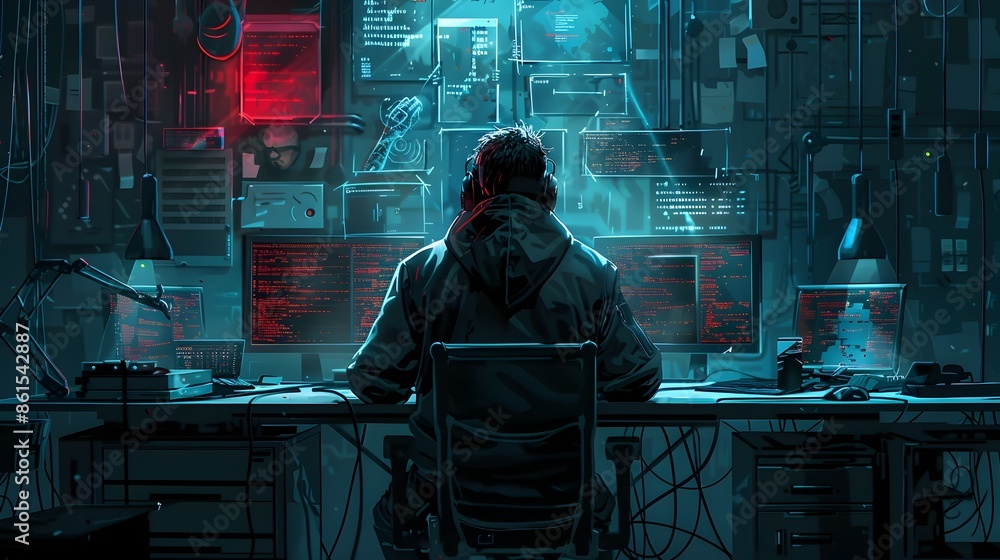 Poster hacker accessing top secret digital files from a sleek modern high tech workstation surrounded by fu
