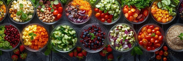 Fototapeta premium The image showcases an array of healthy foods, including colorful salads, fresh fruits, lean proteins, and whole grains, all arranged in an enticing and nutritious display