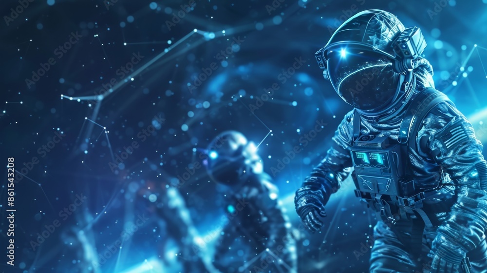 Poster a group of astronauts conduct a spacewalk communicating seamlessly and in realtime with the rest of 