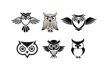 A set of silhouette illustrations of cute owls, nocturnal bird silhouettes facing forward
