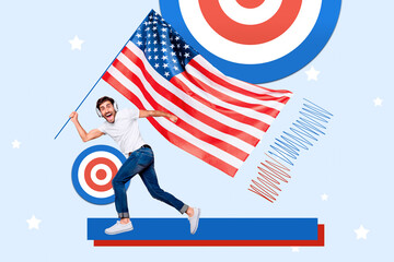 Composite collage image of funny man hold flag national independence america day fourth july...