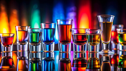 Composition of glasses with colored liqueurs, featuring vibrant colors and reflections, set against a colorful background.