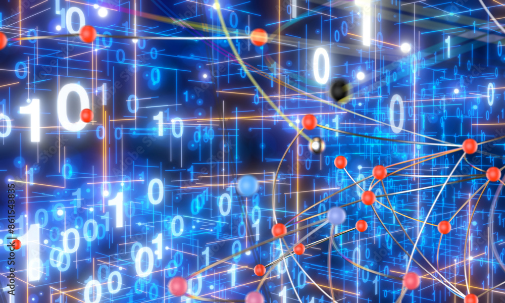 Poster Neural network 3D illustration. Big data and cybersecurity - 3d